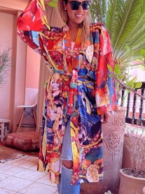 Kimono Silk red yellow blue colorful with long sleeve sockets & belt