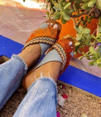 Sandals leather jeans & gallons with fringes combo orange colorful