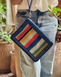 Purse Rug colorful blue red green green water with blue suede leather & handle