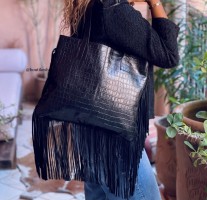 Bag leather croco black with black suede leather fringes