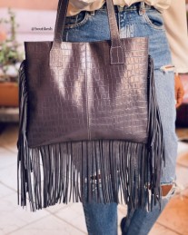 Bag leather croco grey with grey suede leather fringes