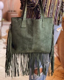 Bag suede leather dark green with fringes