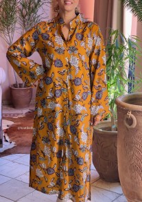 Tunique robe crêpe motif fleuri moutarde marron blanc vert avec pompons moutarde