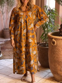Tunique robe crêpe motif fleuri moutarde blanc marron vert avec pompons moutarde au col