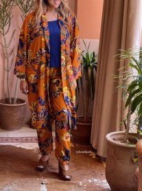 Ensemble 2 pieces en crêpe orange bleu jaune kimono manches longues et pantalon droit avec bande toute élastique taille S/M/L