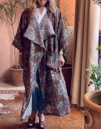 Trench kimono en crêpe motif ethnique marron vert beige avec poches taille standard