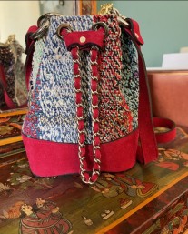 Purse bag in suede leather red & colorful rug handle and shoulder strap handmade size: 18/21cm