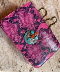 Jewelry bag leather croco pink fushia & blue with artisanal jewelry handmade size: 23/15cm