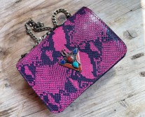 Jewelry bag leather croco pink blue with fibule handmade size: 18/13cm