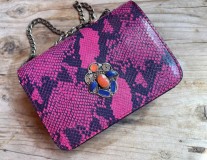 Bag jewelry leather croco pink blue with khmissa handmade size: 18/13cm