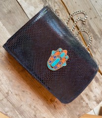 Jewelry bag leather blue dark croco with artisanal jewelry khmissa handmade size: 23/15cm