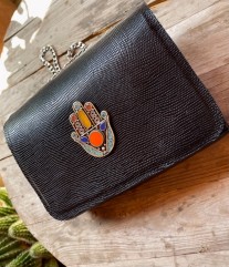 Jewelry bag leather black croco with artisanal jewelry khmissa handmade size: 23/15cm