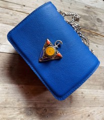 Bag jewelry leather blue majorelle with artisanal jewelry fibule handmade size: 18cm/13cm