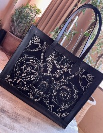 Tote bag blue leather black & velvet black white green printed handmade size 31cm long/40cm large