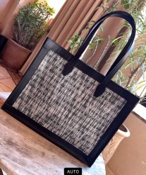 Tote bag black leather & tweed black white with strays handmade size 31cm long/40cm large