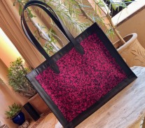 Tote bag black leather & bouclette pink black handmade size 31cm long/40cm large