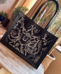 Tote bag black leather & velvet black white handmade size 31cm long/40cm large