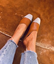 Mules slippers jeans & leather camel black handmade