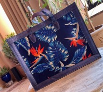 Tote bag blue leather & velvet with tropical flower print handmade size 31cm long /40cm large