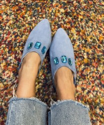 Slippers babouches Suede leather light blue with rhinestones turquoise handmade