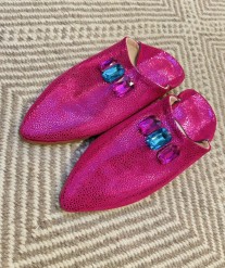 Slippers babouches leather pink with rhinestones pearls in pink & blue handmade