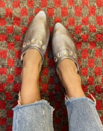 Slippers babouches leather silver with rhinestones pearls in silver handmade