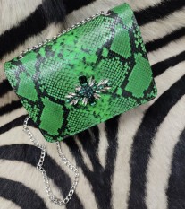 Bag jewelry leather croco green black with rhinestones silver & green color with metal chain handmade size: 23/15cm