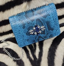 Bag jewelry leather croco blue black with rhinestones silver & blue color with metal chain handmade size: 23/15cm