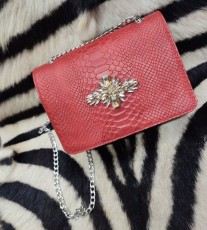 Bag jewelry leather croco red with rhinestones silver & gold color with metal chain handmade size: 23/15cm