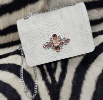 Bag jewelry leather croco off white with rhinestones silver & salmon color with metal chain handmade size: 23/15cm