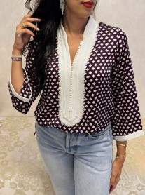 Tunic crepe blue burgundy off white printed with sfifa and aqadi off white with col officer regular size