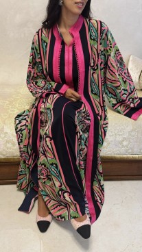 Dfina 2pieces crêpe green pink blue printed with White with aqadi and sfifa pink col officer regular size